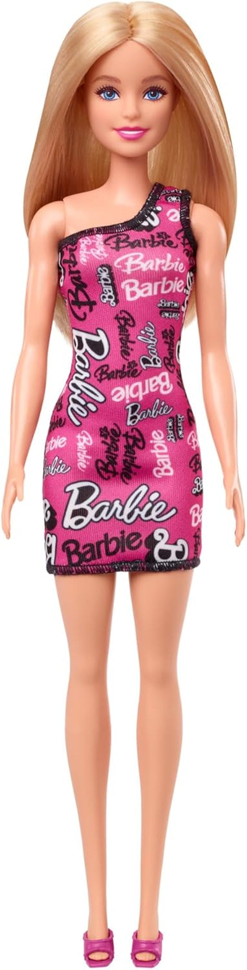 Poupée Barbie Fashion aux cheveux blonds raides en robe extensible rose à une épaule et chaussures avec logo imprimé HRH07 Naty Shop Dolls