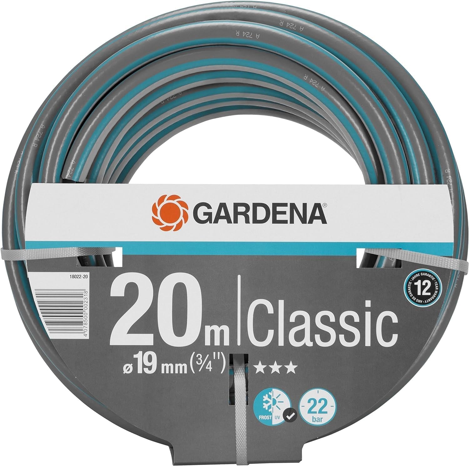 Tuyau Gardena Classic 19 mm (3/4"), 20 m : Tuyau d'arrosage universel en tissu robuste, tissé en croix, pression d'éclatement de 22 bars, résistant aux UV, sans composants du système, garantie 12 ans (18022-20)
