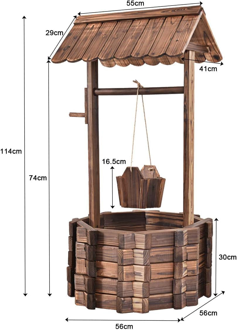 Fontaine en bois 56x56x114cm avec toit, Puits à souhaits, Décoration de jardin, Pots de fleurs, Fontaine décorative, Pots de fleurs, Marron
