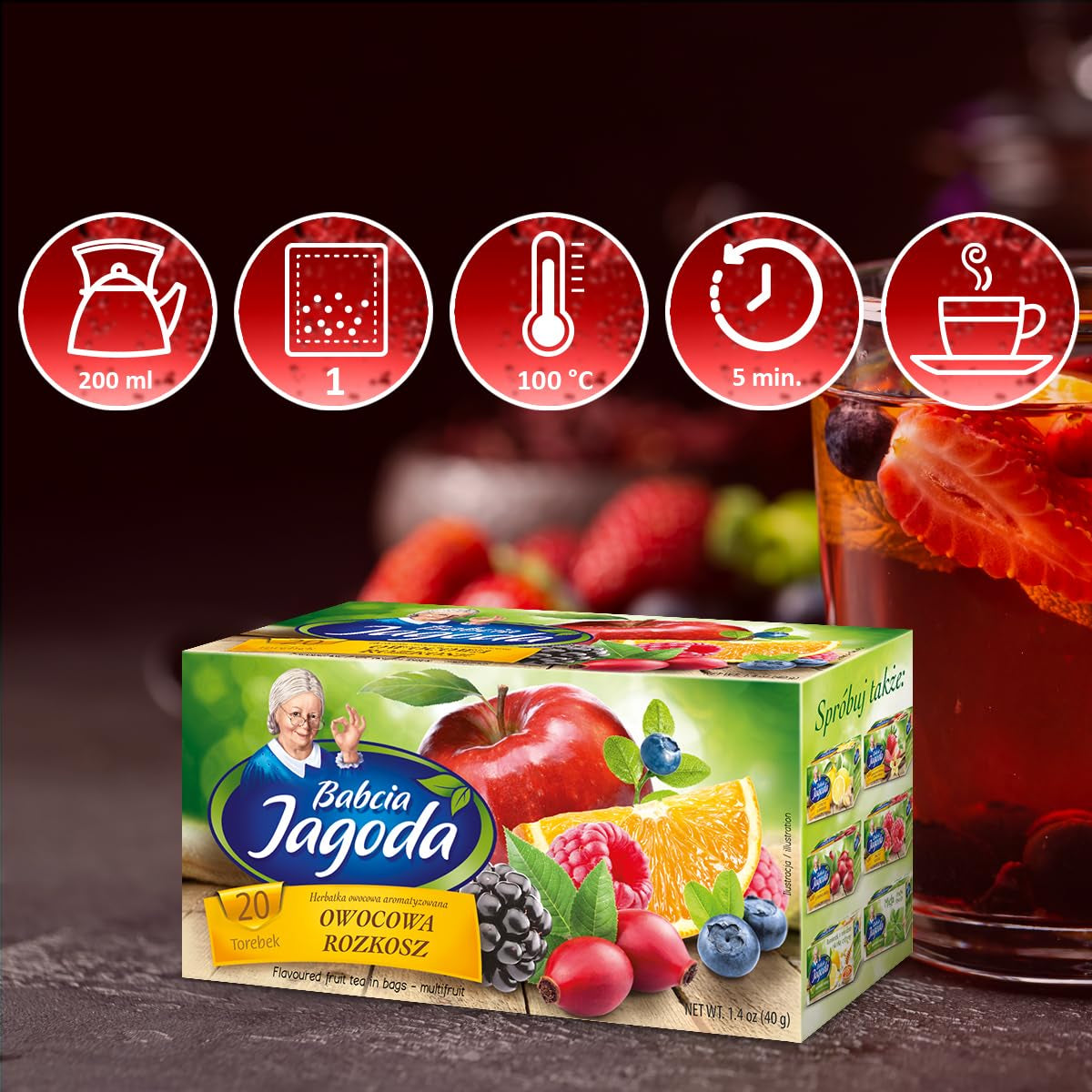 Babcia Jagoda - Thé aux fruits "Fruchtige Verführung" - 20 sachets de thé - Avec hibiscus, pomme, aronia, mûre, églantier, écorce d'orange - Goût de fruit intense, sans caféine, végétalien, naturel, Cay - 40G