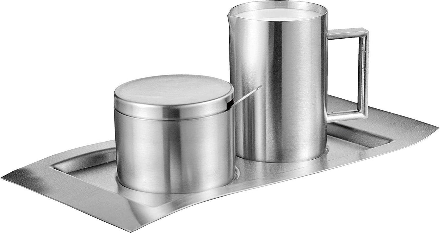Ensemble de 4 récipients à lait et sucre, modèle Wave, 400-1655, en acier inoxydable 18/10 brossé. L'ensemble se compose d'un plateau de chacun.