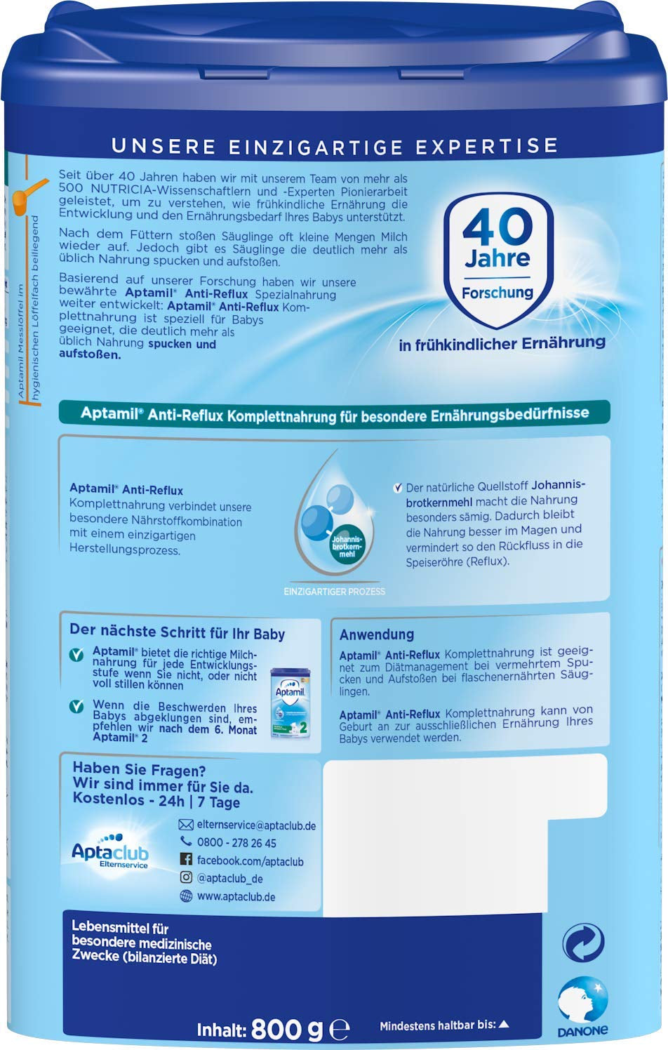 Aptamil Anti-Reflux - Formule Complète Dès la Naissance Gestion Diététique Vomissements & Régurgitations Aliment pour Bébé Lait en Poudre 1 x 800 g