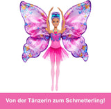 Barbie Danseuse et papillon 2 en 1 transformant la danseuse en papillon avec ailes ouvertes, cheveux violets, accessoires pour cheveux et tutu détachable, HXJ10