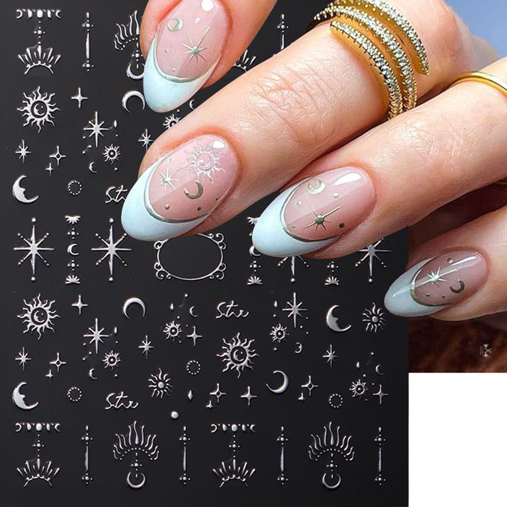 Autocollants d'ongles métalliques argentés 3D, autocollants d'ongles pour femmes, étoile, lune, soleil, feuille d'ongles, autocollants auto-adhésifs, autocollants d'ongles papillon, autocollants d'ongles, accessoires de conception d'ongles, 8 pièces