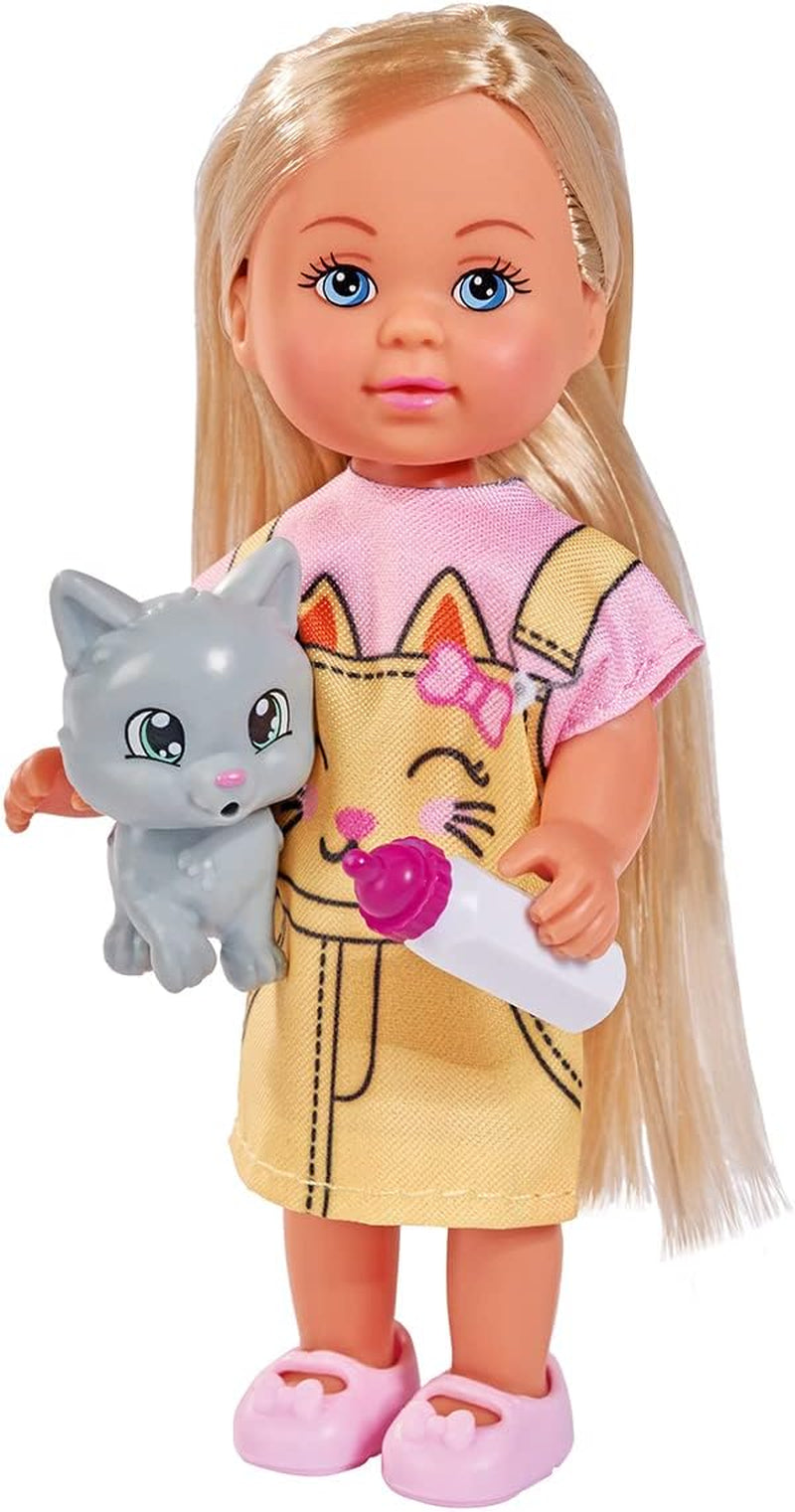 Simba 105733591 - Evi Love Kitty 2 façons de correspondre, UN seul article sera expédié Poupée dans une jolie robe de chat avec chatons et biberon 12 cm Poupée de jeu à partir de 3 ans