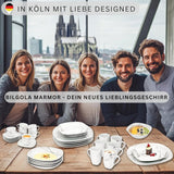 SANGER | Service de table combiné en marbre Bilgola, service de table 36 pièces pour 6 personnes avec assiettes plates, assiettes à dessert, assiettes Suma, bols à céréales, assiettes à café et soucoupes en porcelaine, carré | LA COLLECTION PREMIUM