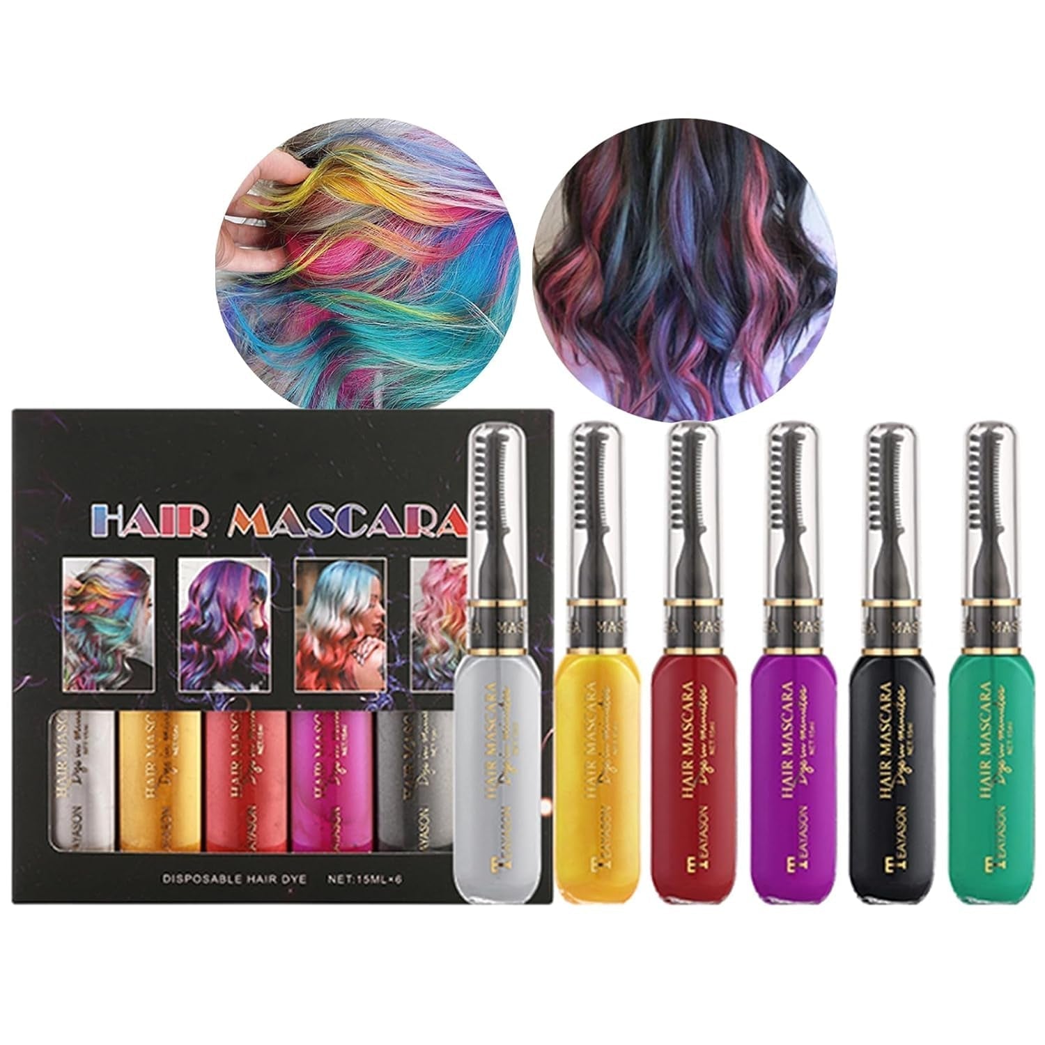 Teinture capillaire instantanée 6 couleurs Mascara capillaire temporaire pour filles et femmes Craie capillaire lavable Mascara capillaire arc-en-ciel Teinture capillaire pour carnaval Halloween Cosplay fête anniversaire (A) Naty Shop Coloration capillaire B 90 ml (1 paquet)