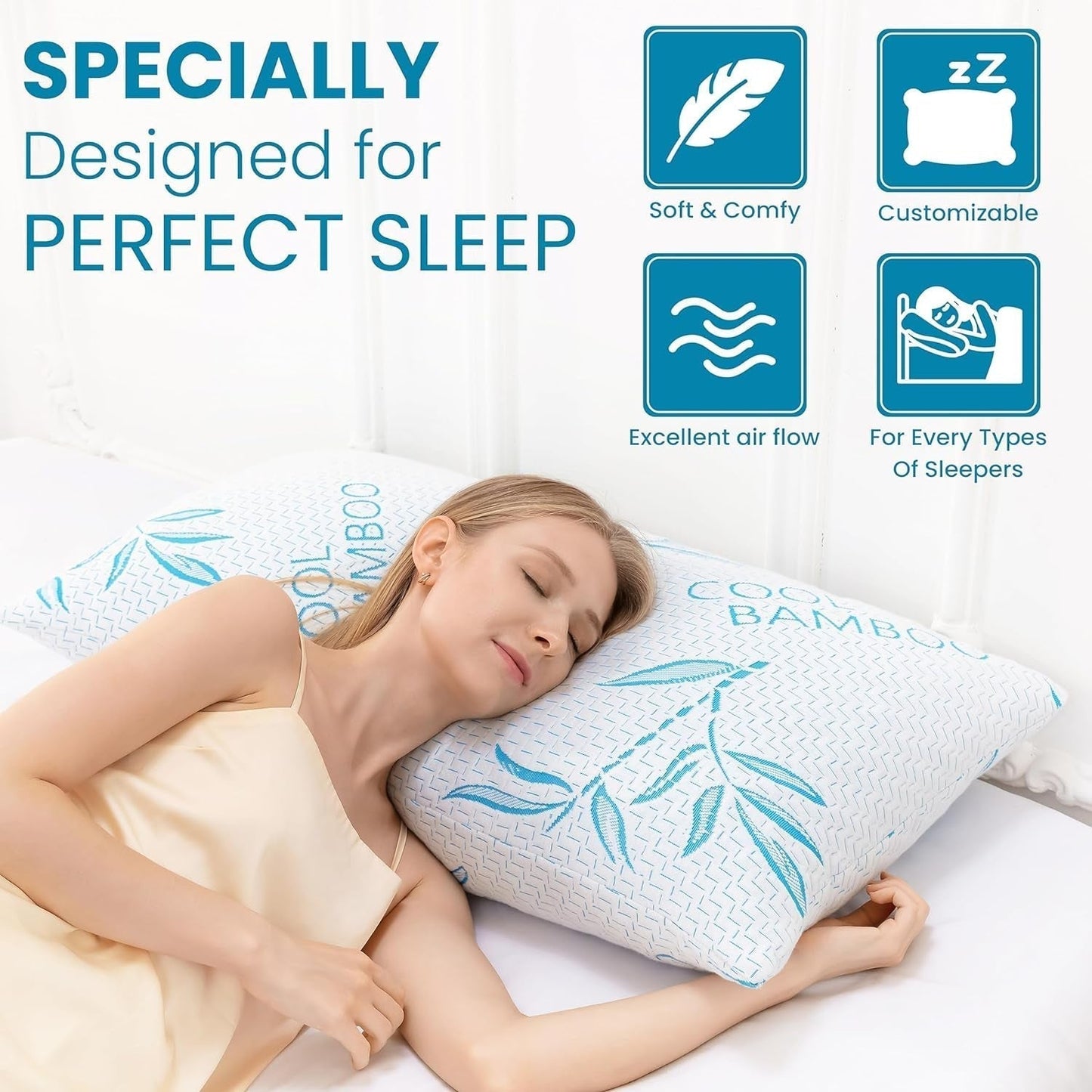 Comfysleep King Size Oreiller en Viscose de Bambou Rafraîchissant Mousse à Mémoire de Forme Ajustable en Viscose de Bambou Housse Amovible/Lavable 2pcs Naty Shop Oreillers Standard