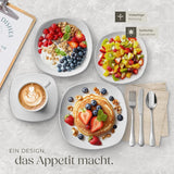 Service de table tectake® pour 12 personnes, service de table en porcelaine de 100 pièces, comprenant 12 assiettes, 12 assiettes à dessert, 12 assiettes plates, 12 tasses, 12 bols à céréales, un saladier, un pot à lait, un sucrier