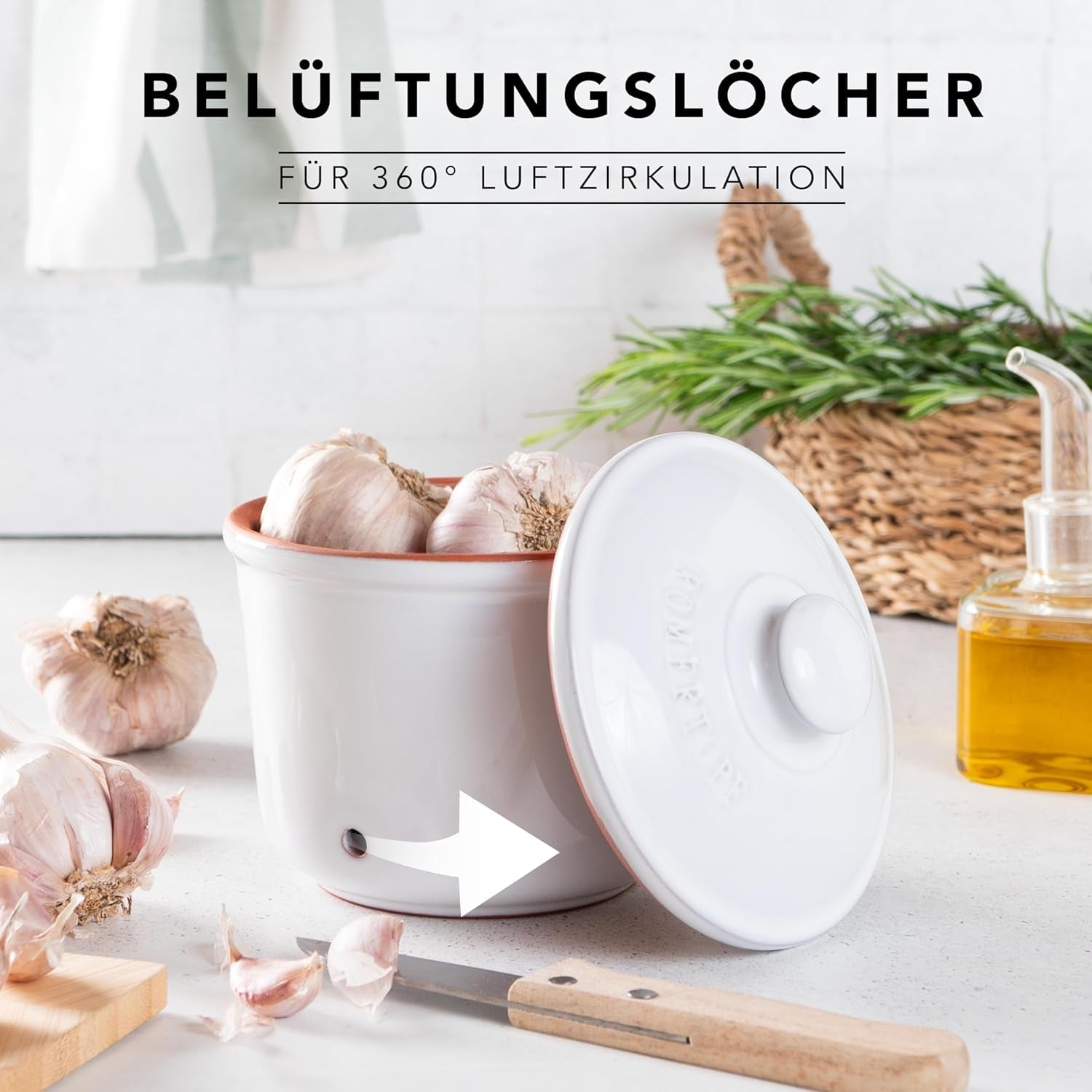 Römertopf Fresh Pot MINI 0,6 litres - Pot à ail en céramique - L'argile respirante garde les légumes frais plus longtemps - Circulation d'air idéale - Boîtes de conservation blanches Naty Shop