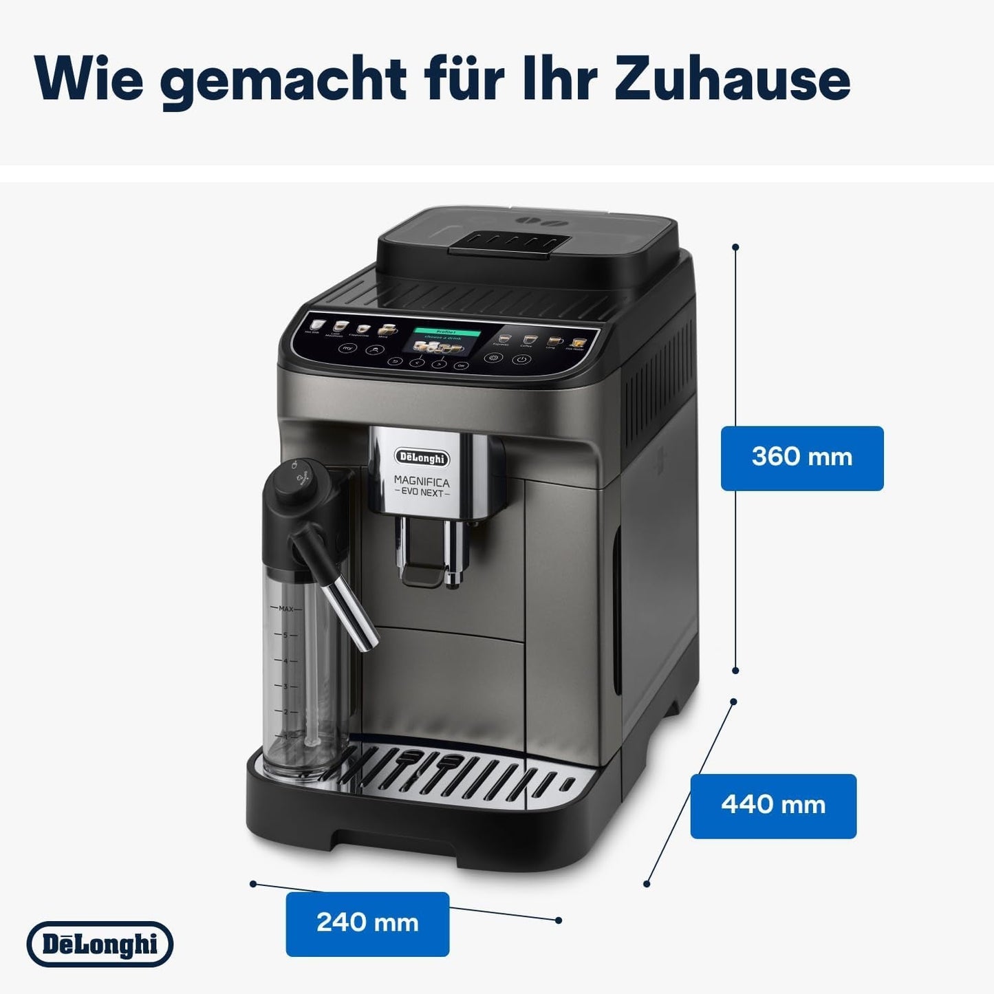 De'Longhi Magnifica Evo Next - Expresso entièrement automatique Perfetto avec mousseur à lait LatteCrema, 13 boissons à une touche, cafetière et cappuccino, écran tactile couleur, titane (ECAM312.80.TB)