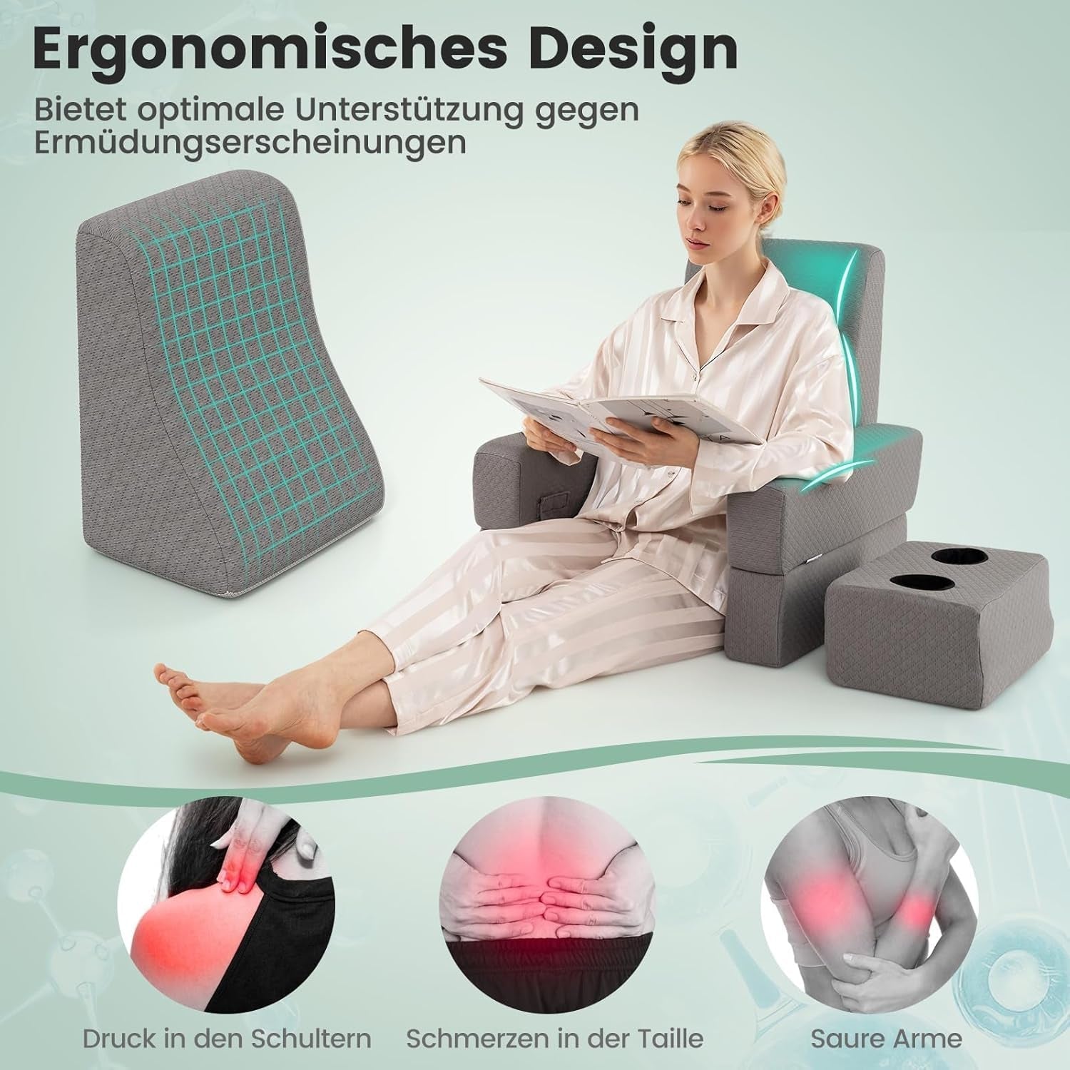 Oreiller de lecture pour lit et canapé, coussin de livre, librement combinable avec porte-boisson et housse lavable, oreiller de bureau réglable pour ordinateur portable pour lire, jouer, travailler, écrire (gris)