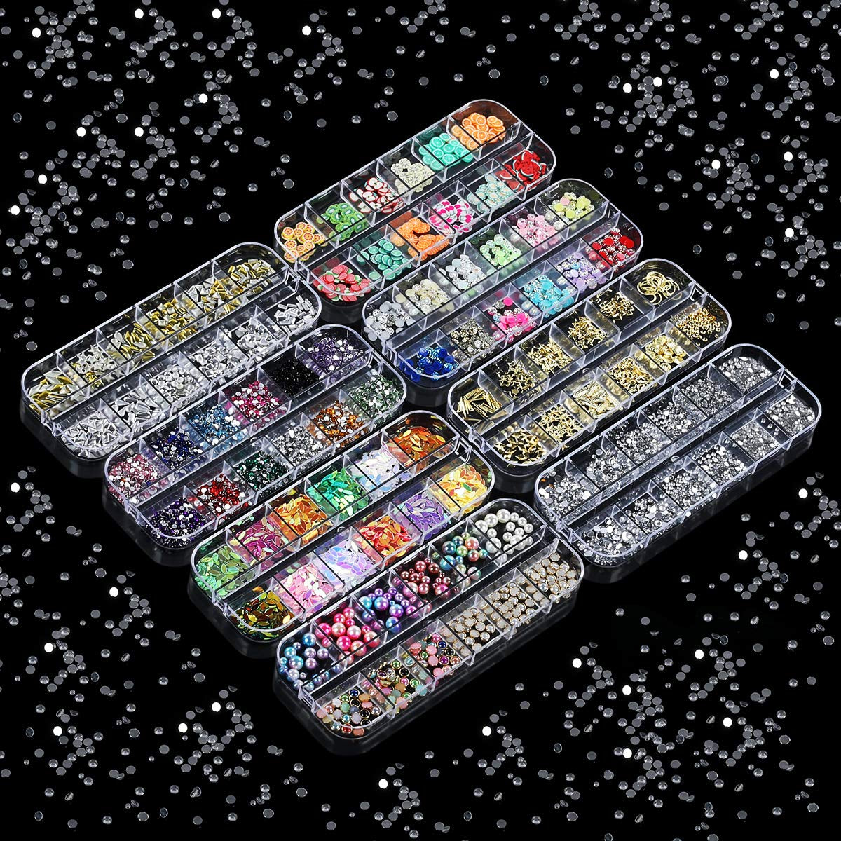 8 boîtes Nail Art Strass Kit - Nail Art Gemischt Strass Set, Nagel Kunst Strasssteine ​​​​Gems Perlen Edelsteine ​​​​Bunt Pferdeaugen Strass pour Nageldesign Zubehör Mit 1 Pinzetten et 1 Strass Picker pour DIY