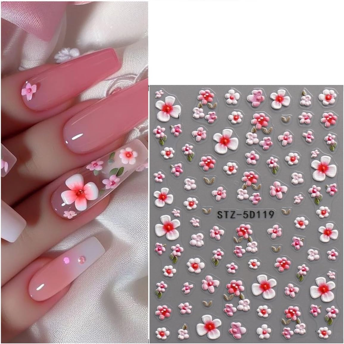 JMEOWIO 3D Nail Art Autocollant Fleur Nail Art Autocollant Selbstklebend Nagelaufkleber 5D Stéréoscopique Frühling Sommer Floral Décoration Nageldesign Zubehör 4 Blatt