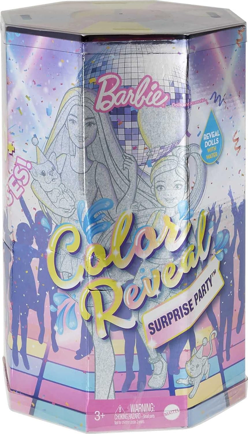 Barbie GXJ88 - Fête surprise de révélation de couleurs, +50 surprises : 1 poupée, 1 poupée Chelsea, 2 animaux, 6 changements de couleur, accessoires et plus encore, ensemble de soirée dansante, cadeau jouet pour enfants de 3 ans et plus