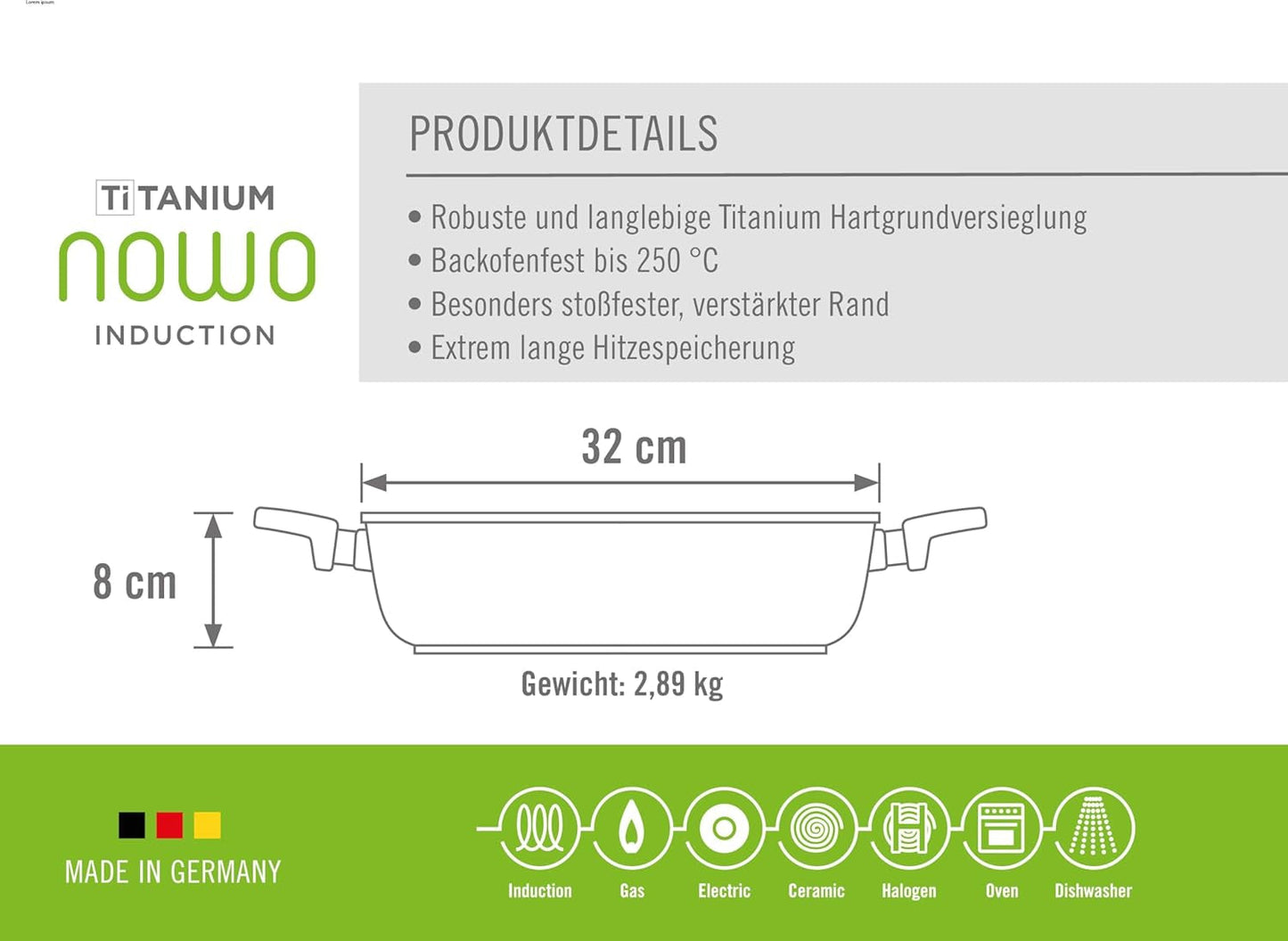 Woll Nowo Titanium Kasserole - Induktiv -, Ø 32 Cm, 8 Cm Hoch, 5.5 Liter, Mit 2 Seitengriffen - Geeignet Für Alle Herdarten Moules et plaques pour la cuisson Naty Shop