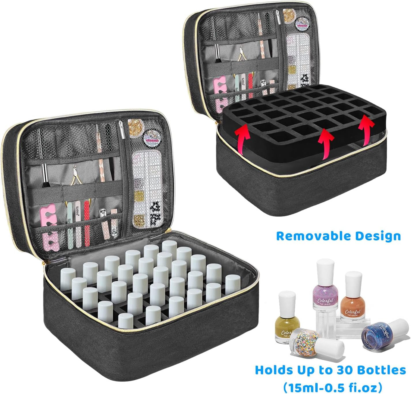 Sac organisateur de vernis à ongles, boîte de rangement double de vernis à ongles, organisateur de coffre pour le design des ongles, sacs cosmétiques pour 30 flacons de base Neonail (15 ml-0,5 fl. oz) et 1 lampe à ongles (noir)