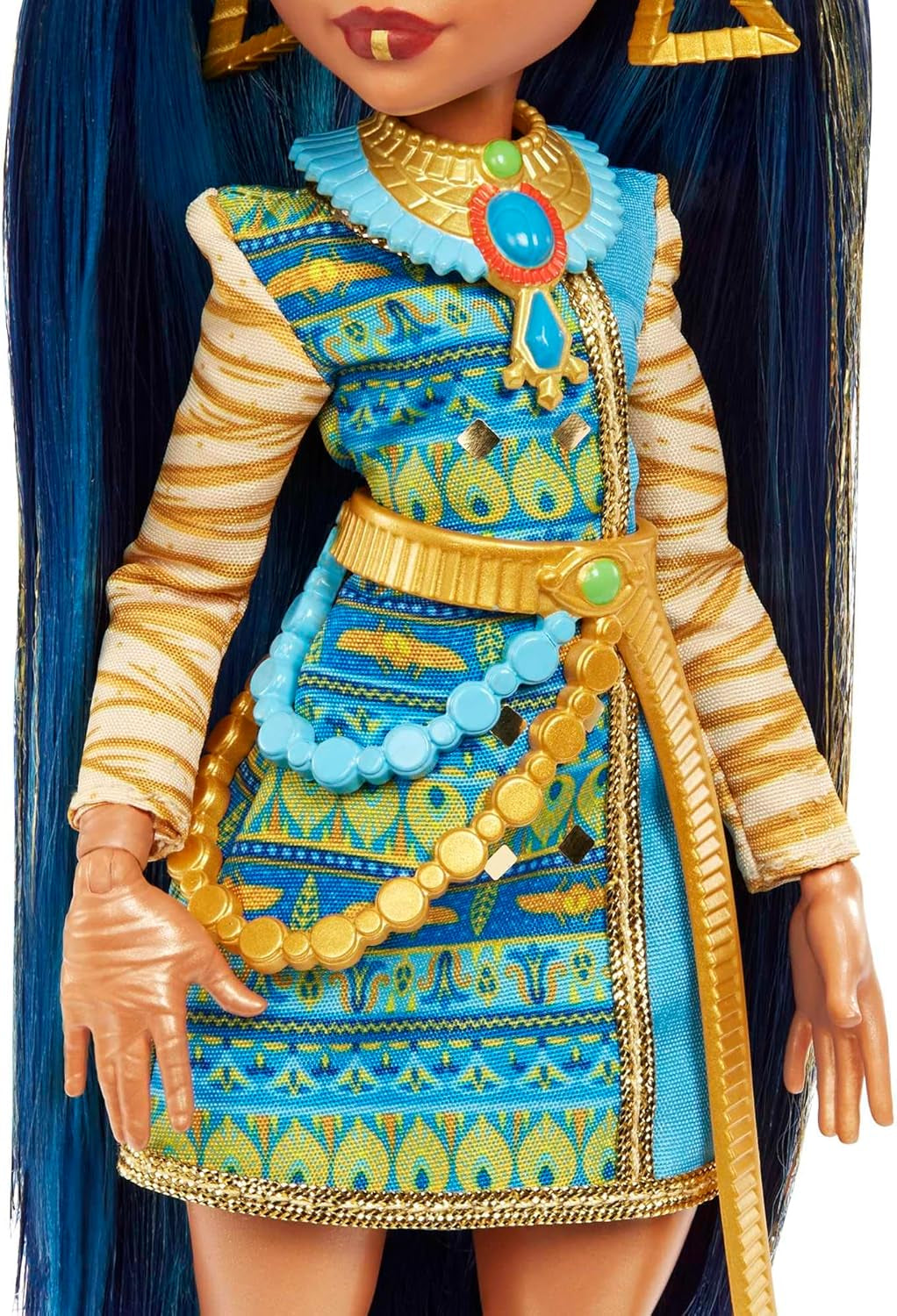 Monster High Cleo de Nile Puppe, Mummie Modepuppe, Königliches Outfit, Killerstiefel, Pyramidenrucksack, Accessoires, pour enfants à partir de 4 ans, HHK54