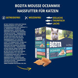 Bozita Mousse Ocean Mix - 12 x 85g nourriture humide pour chat au thon, saumon ou morue jaune - sans céréales, sans sucre et colorants artificiels - avec postbiotiques pour une flore intestinale saine