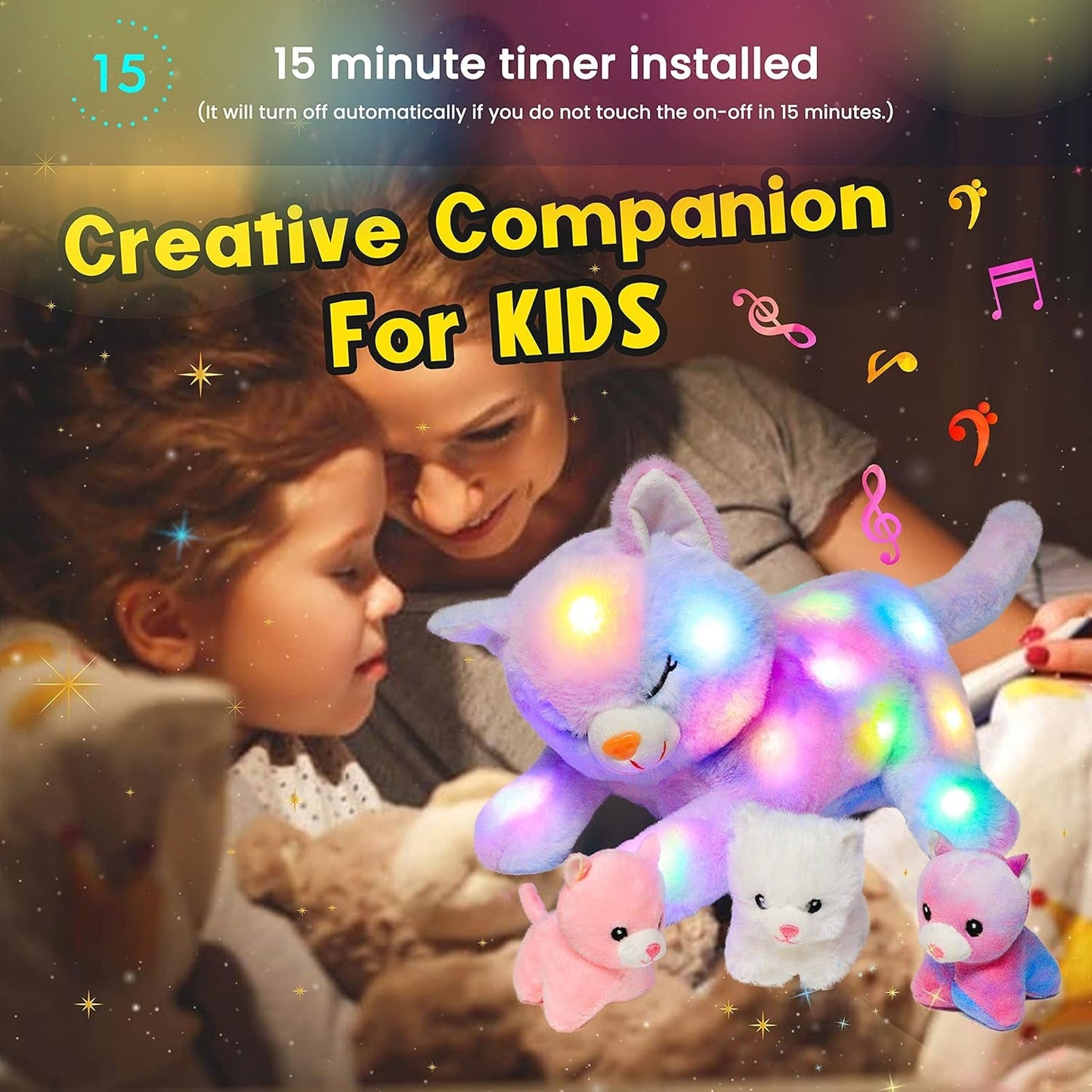 Chat en peluche musical à LED, jouet chantant léger, mère chat avec 3 chatons dans le ventre, berceuse animée, jouet apaisant pour mères, enfants, petites filles, arc-en-ciel, 45 cm