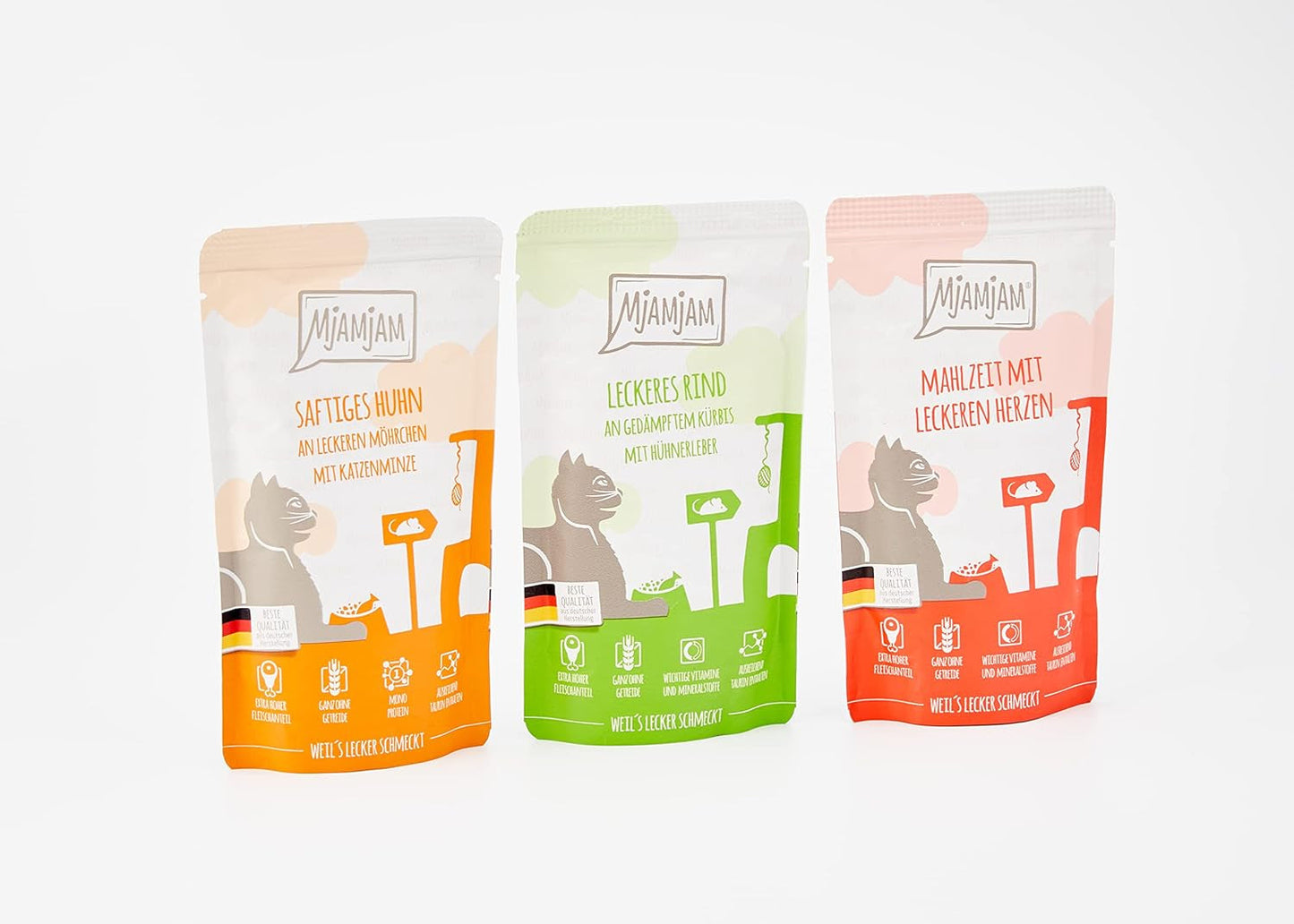 MjAMjAM - Nourriture humide de qualité supérieure pour chats - Pack mixte I - Poulet, bœuf, cœurs, paquet de 12 (12 x 125 g), sans céréales avec viande supplémentaire