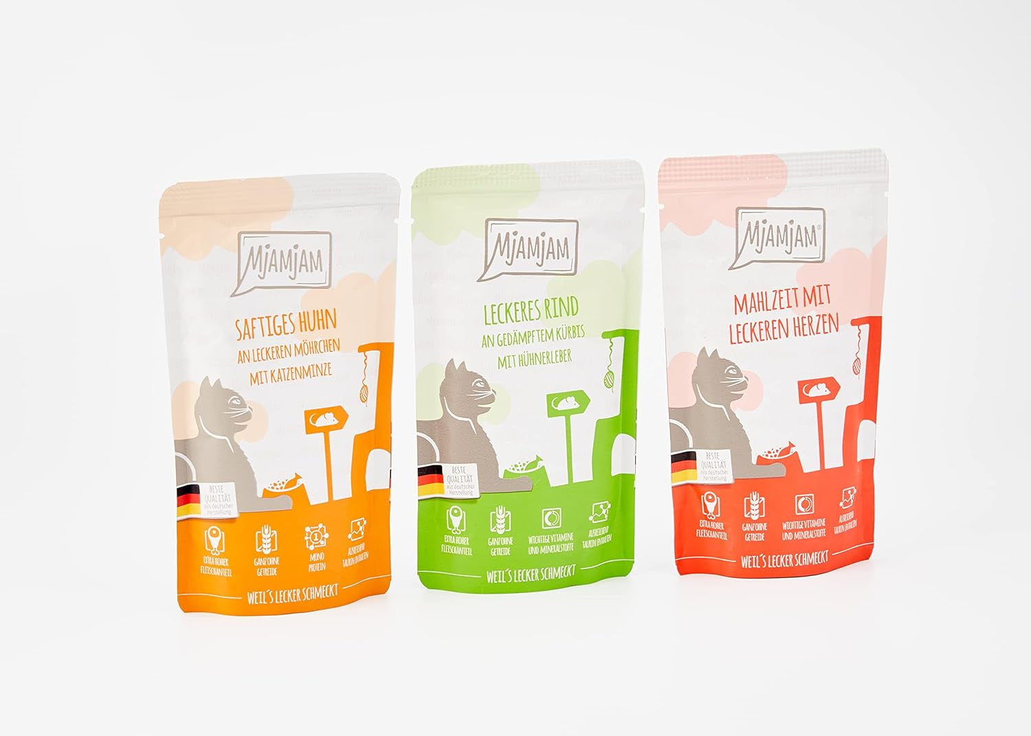 MjAMjAM - Nourriture humide de qualité supérieure pour chats - Pack mixte I - Poulet, bœuf, cœurs, paquet de 12 (12 x 125 g), sans céréales avec viande supplémentaire