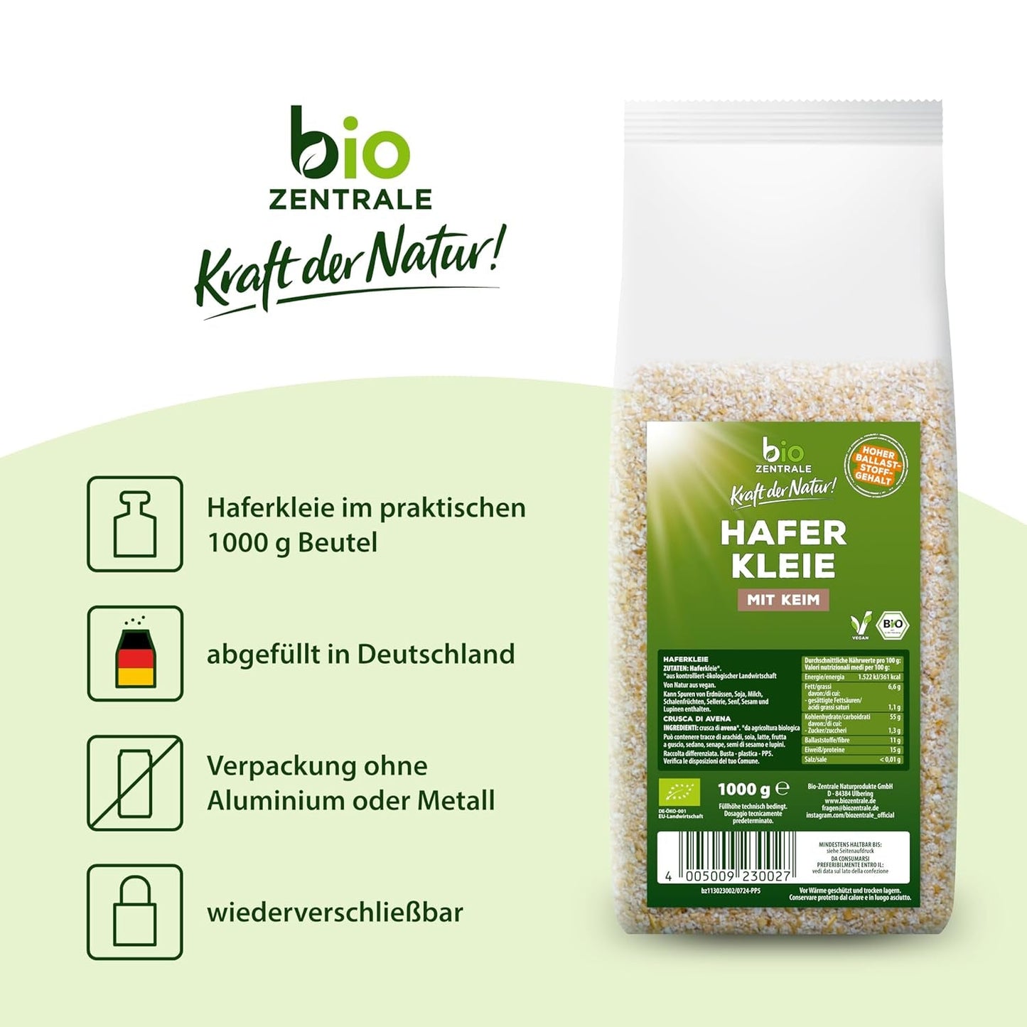 Son d'avoine bio Biocentral 1 kg | Forfait avantageux | Source de protéines riche en fibres | Naturellement végétalien | De l'agriculture de l'UE | Faible teneur en sucre