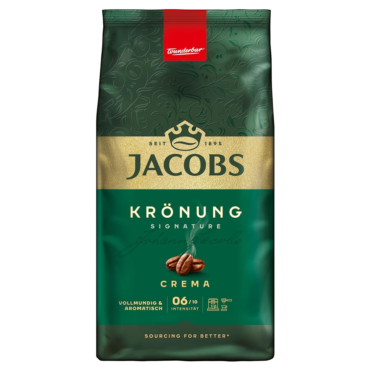 Jacobs Café Crema Gold Boissons à café 1 kg – Vollmundig, Aromatisch, Notes fruitées, Arabica & Robusta Bohnen, Intensité 5/10, Idéal pour Café Crema Naty Shop Crème de couronnes 1 kg