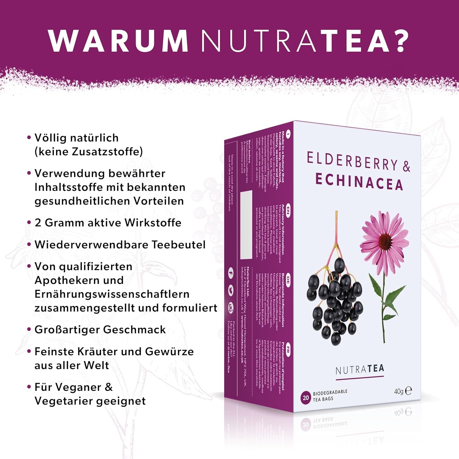 Nutra Tea Sureau et échinacée, Thé immunité et rhume, Thé de soutien immunitaire, Combat contre le froid, 20 sachets de thé réutilisables, Tisane naturelle