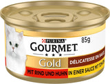 Gourmet Gold Délicatesse en Sauce Boeuf et Poulet Nourriture Humide pour Chats, Paquet de 12 (12 x 85g)
