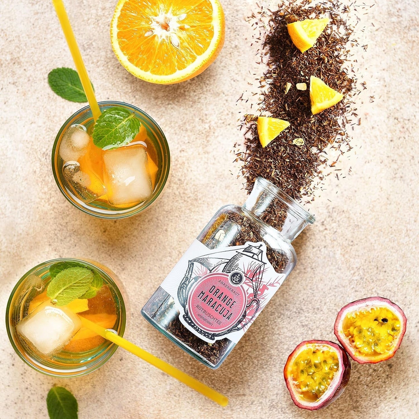 Ankerkraut Thé à l'orange rouge et aux fruits de la passion 90 g dans un pot en liège Thé en vrac de qualité supérieure Idée cadeau Boisson bien-être