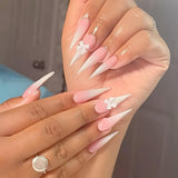 Mouyouglow longs ongles Stiletto laiteux blanc dégradé rose paillettes Cool faux ongles avec colle rose Ombre paillettes ongles artificiels