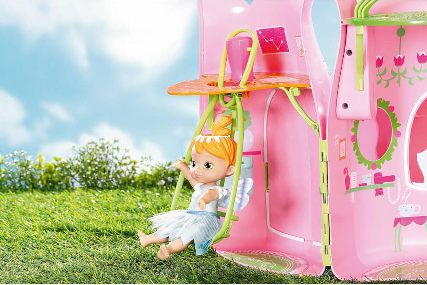 BABY Born Storybook Cottage, Maison de poupée pliante pour poupées de 18 cm avec table, cheminée, chaise longue et télescope, rose vert, 833803 Zapf Creation Dollhouses Naty Shop
