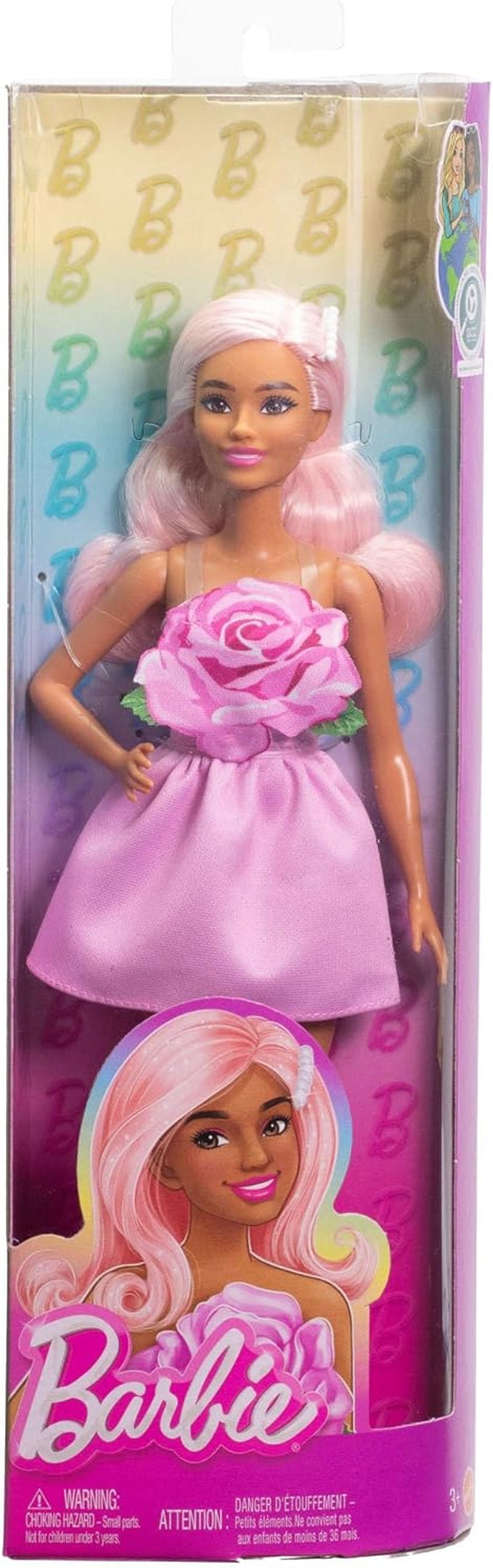 Poupée Barbie Fashionistas no. 238 avec cheveux rose pastel, robe bustier avec corsage rose, pince à cheveux en perles et talons hauts et barrettes, HYT94