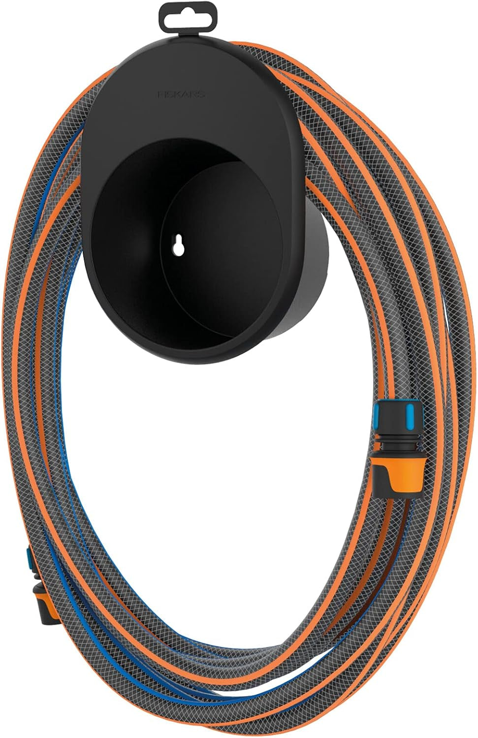 Fiskars Kit de tuyaux d'eau pour roue à eau avec 2 connecteurs de tuyau et connecteur de robinet, taille universelle, niveau de rigidité en torsion 4 (sur 5), 1,8 m, Ø1,3-1,5 cm (1/2-5/8"), noir/orange/bleu, 1057621