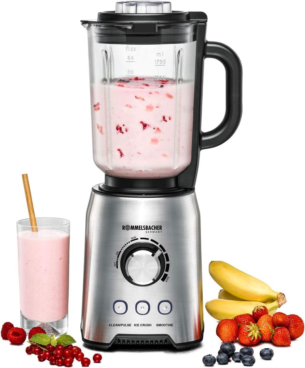 ROMMELSBACHER Batteur sur socle MX 1250-22 000 U/Min, Stufenlose Drehzahlregulierung, Funktionsstasten (Smoothie, Clean/Pulse, Ice Crush), Glaskrug, Edelstahlgehäuse, Spezialmesser, 1200 Watt Kitchen Naty Shop