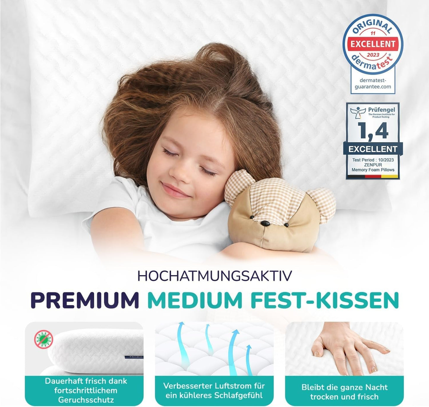 ZenPur Oreiller orthopédique cervical 40 x 60-13 cm, oreiller de tête en mousse à mémoire de forme – Oreiller de sommeil ergonomique pour le cou et les épaules, certifié Oeko-TEX