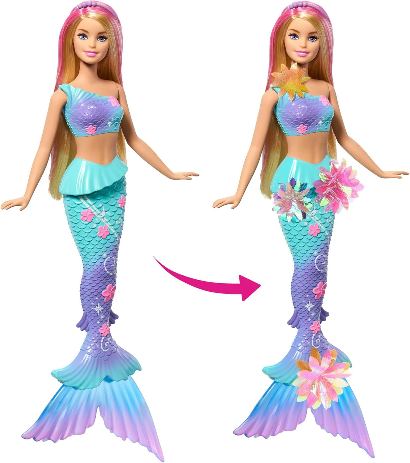 Barbie Meerjungfrauen-Spielzeug Puppe mit magischer Überraschungs Blüte, Schwanzflosse mit Farbverlauf, perlesnbesetzten Hair et long blonden Hair mit rosa Strehchen, JDM72
