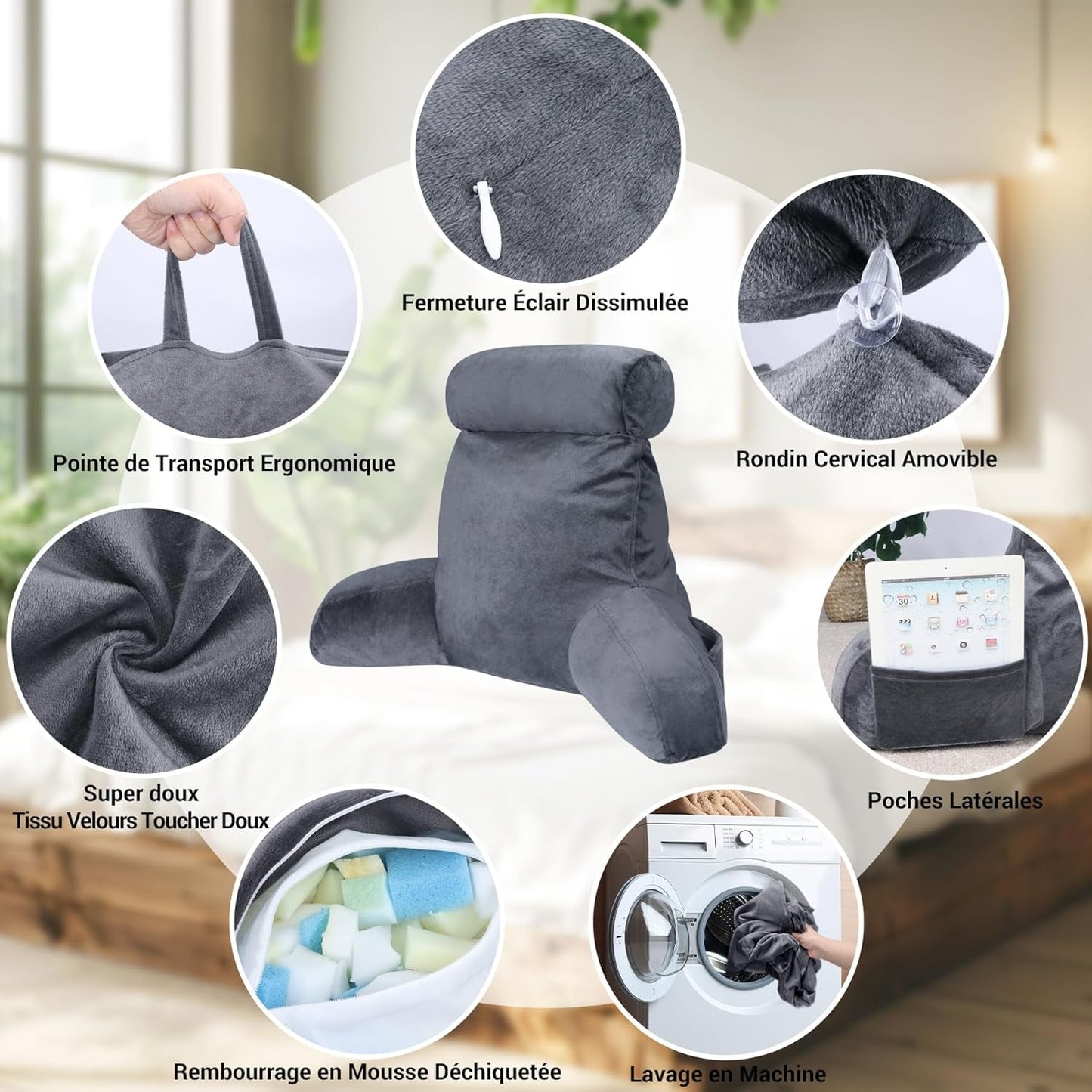 INFANZIA Oreiller de lecture ergonomique avec accoudoirs, dossier en mousse à mémoire de forme, gris, M