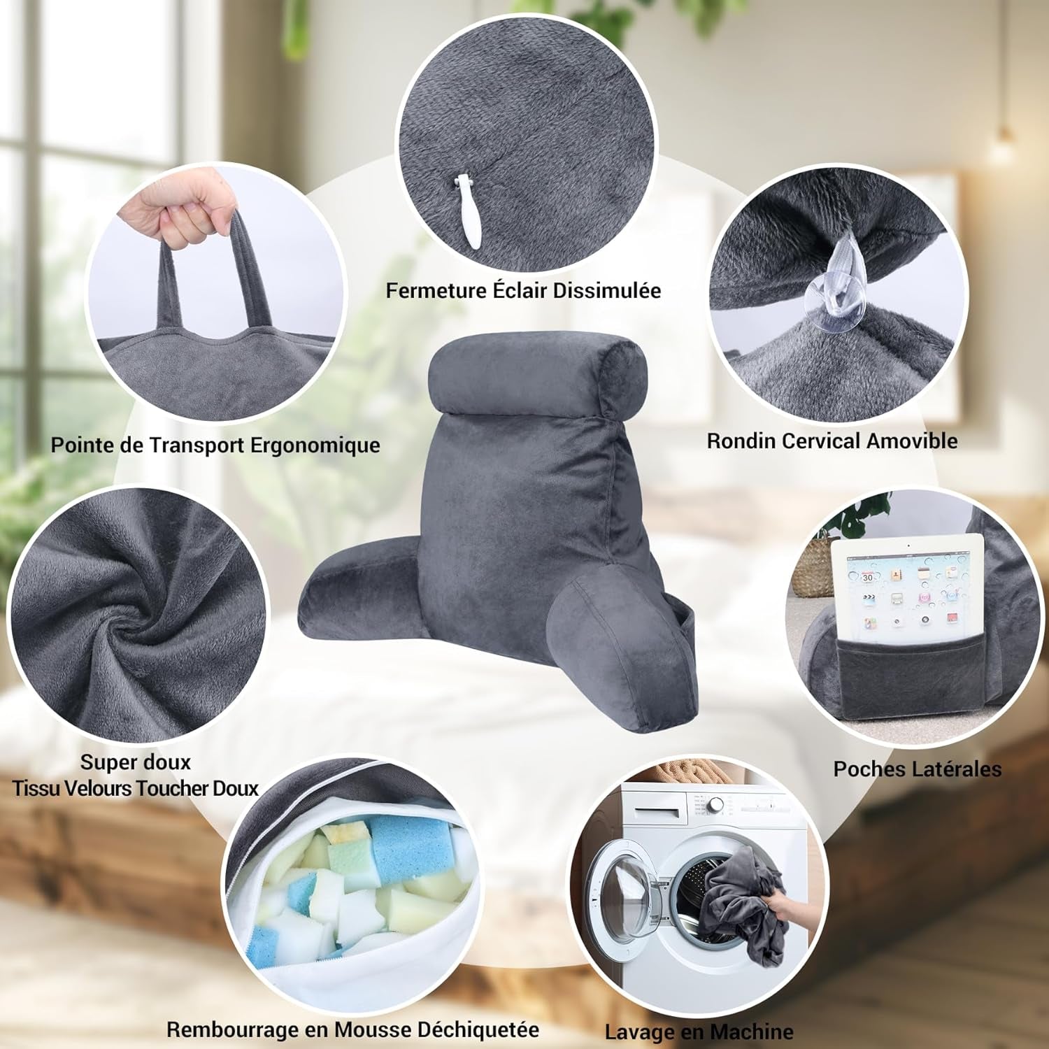 INFANZIA Oreiller de lecture ergonomique avec accoudoirs, dossier en mousse à mémoire de forme, gris, M