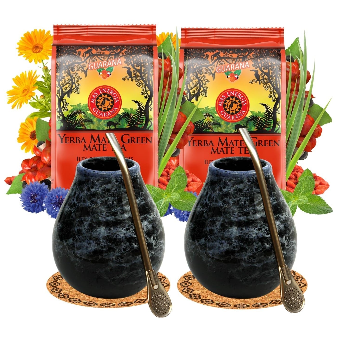 Service à thé Yerba Mate pour 2 personnes – Mas Energia Guarana 400 g – Mug en céramique Marmol Blue 350 ml – Bombilla en acier inoxydable 19 cm – Thé en vrac 2 x 200 g