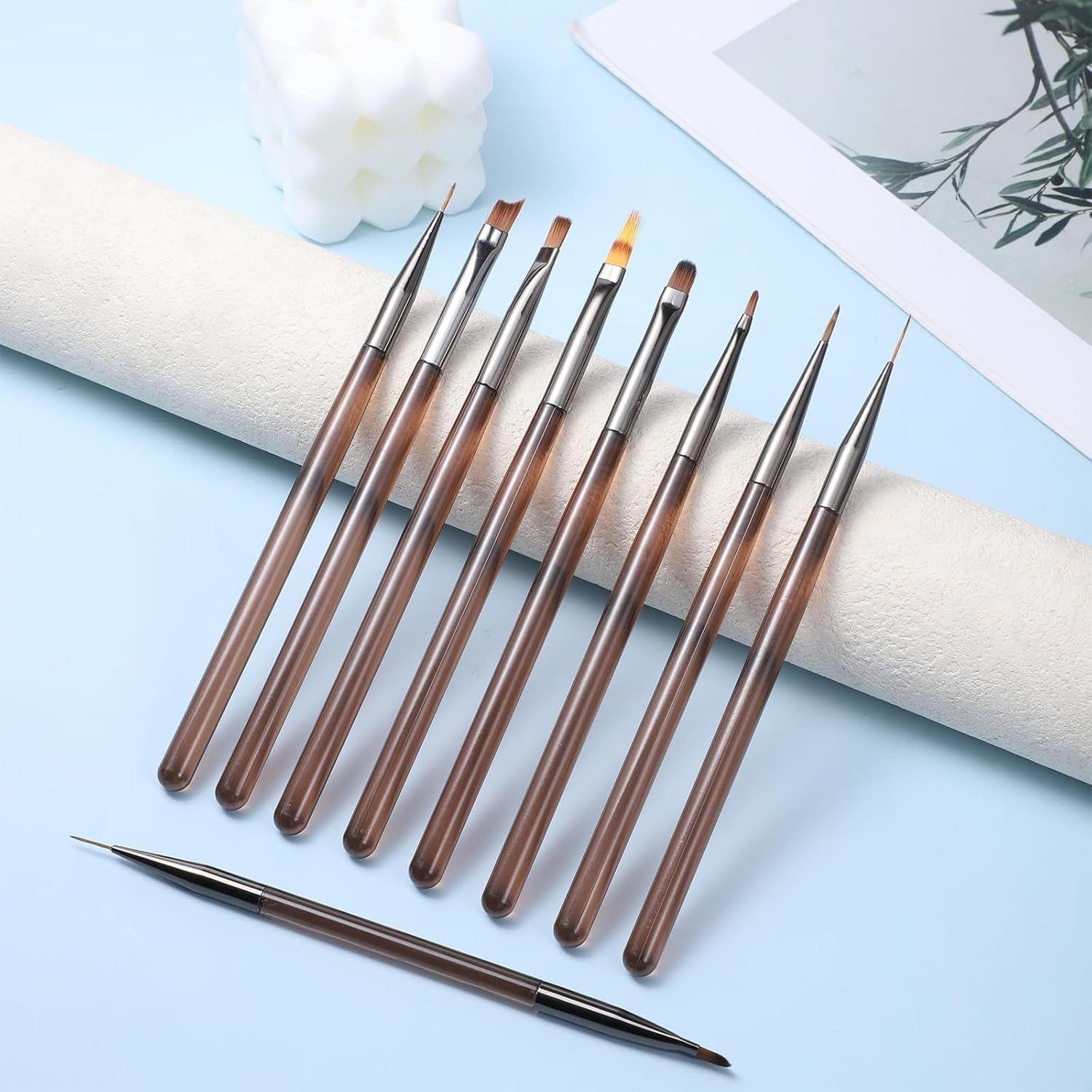10 pièces Nail Art Pinsel Set, Braun Nail Art pinceaux Nailart Design Pinsel Nageldesign Pinselfür Gelnägelfür Heimwerker Maniküre Salon Zuhause Nailpinsel Set