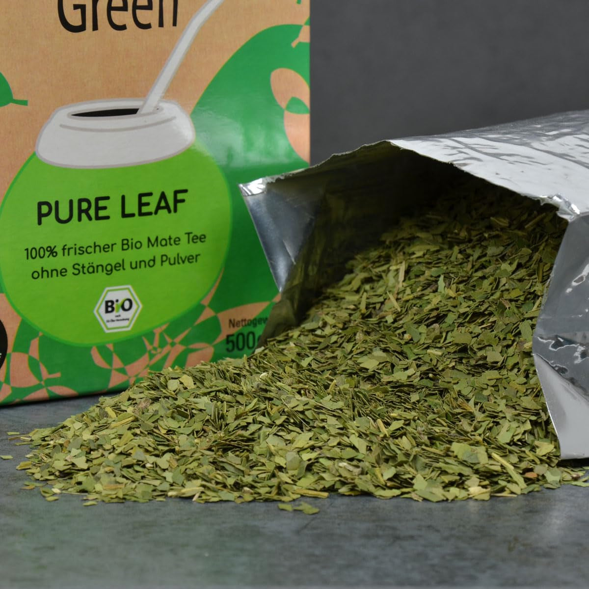 Delicatino - PURE LEAF vert naturel 500G, yerba mate biologique sans tige, frais et sans fumée, cultivé biologiquement, emballé sous vide pour une fraîcheur maximale