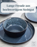 Service de vaisselle 18 pièces en grès céramique pour 6 personnes, design Ibiza, GAGNANT DU TEST. Un magnifique ensemble de vaisselle méditerranéenne en grès céramique comprenant des bols et des assiettes. Service de table Pure Living en bleu fumé.