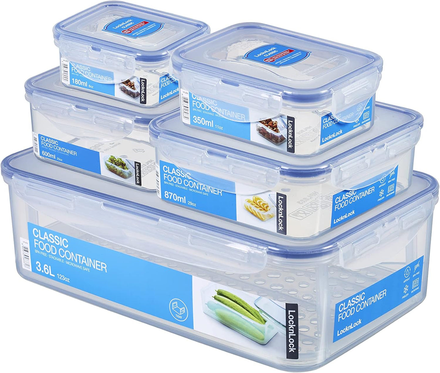 LocknLock PP Classic ensemble de pots de conservation des aliments 5 pièces | 180 ml, 350 ml, 600 ml, 870 ml, 3,6 L | 100 % étanche à l'air et à l'eau | sans BPA | organisateur de congélateur et de réfrigérateur | va au lave-vaisselle et au micro-ondes Boîtes de conservation des aliments Naty Shop Square 5pcs.