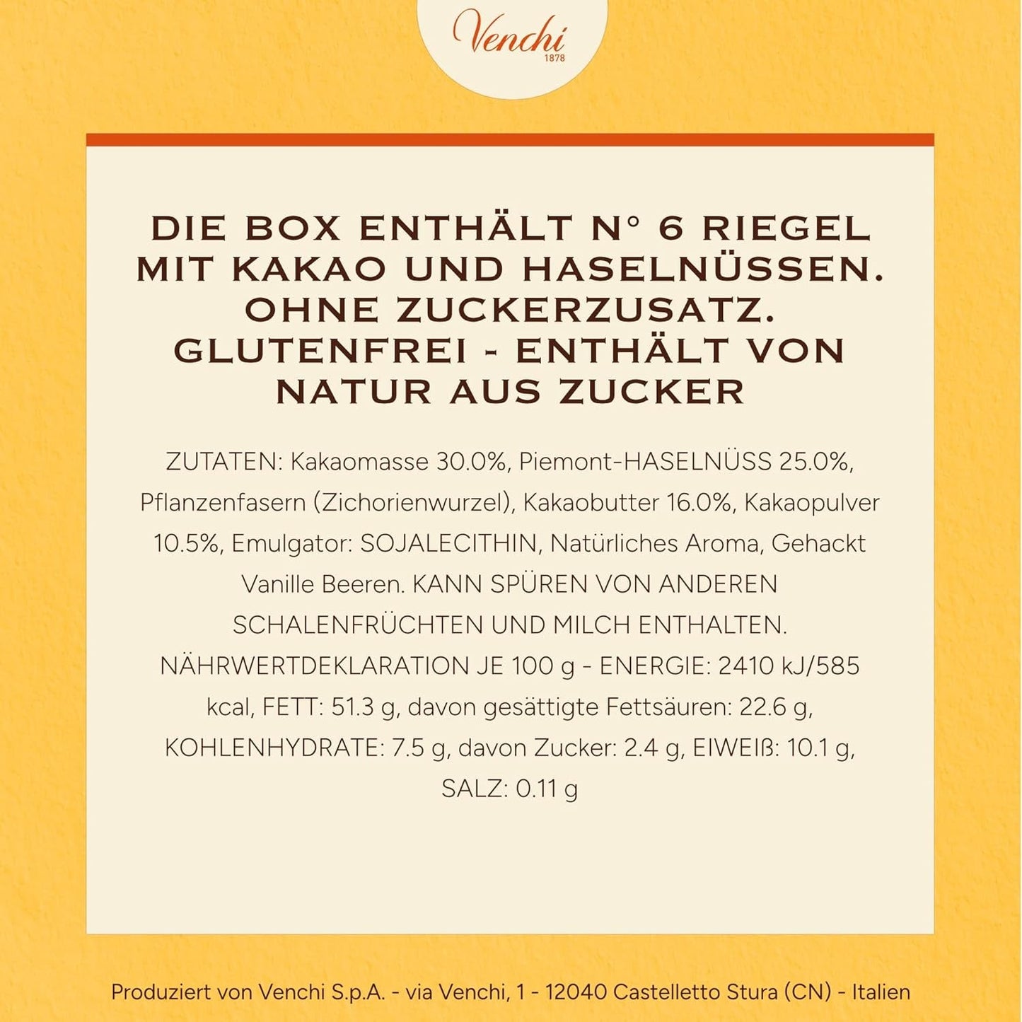 Venchi - Pack de 6 tablettes de chocolat noir aux noisettes, 600g - Sans sucre ajouté - Sans édulcorants artificiels - Sans gluten - Vegan - Idée cadeau