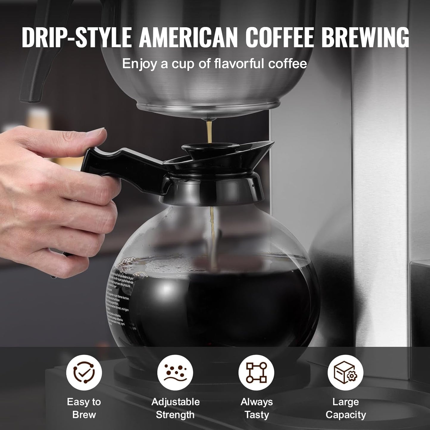VEVOR Machine à expresso à filtre commerciale de 12 tasses avec 3 carafes en verre et 3 plaques chauffantes Machine à expresso en acier inoxydable avec alimentation en eau automatique pour restaurant, bureau, café
