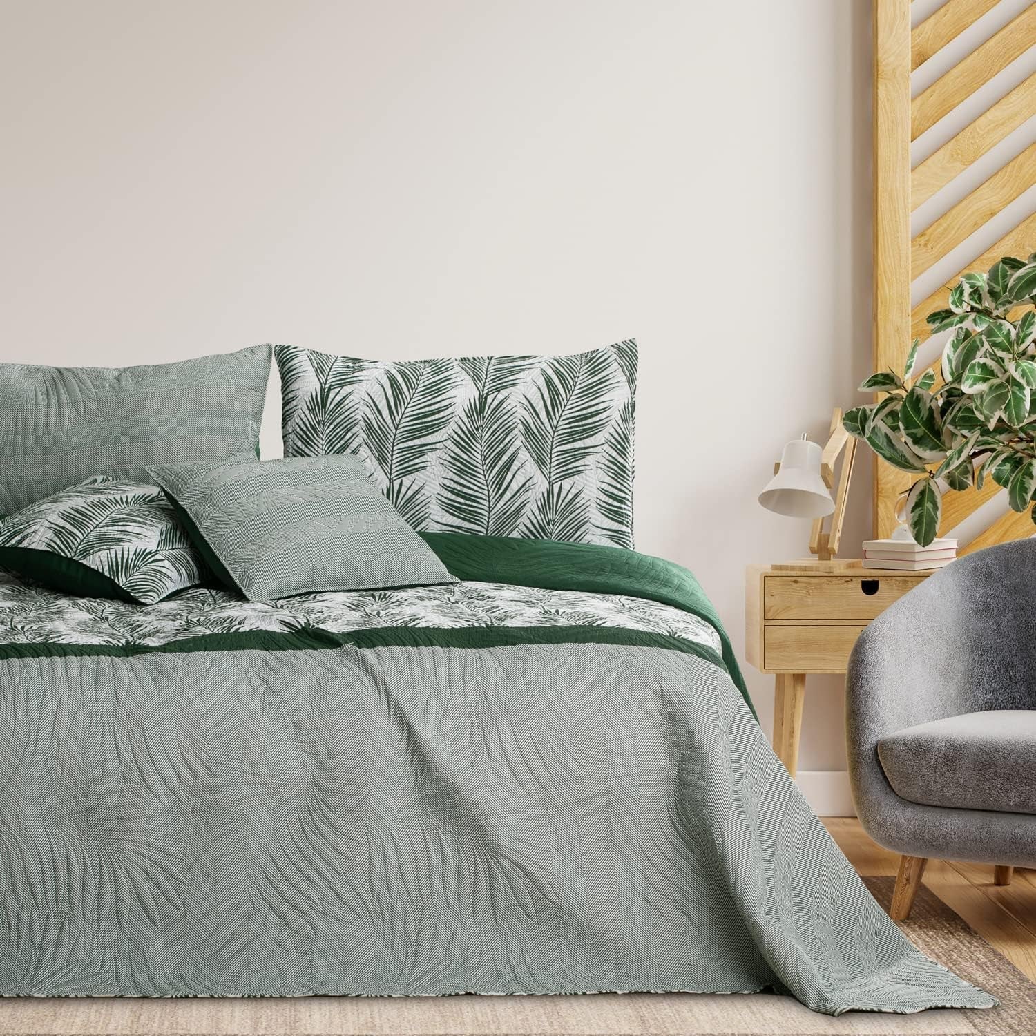 Ameliahome Couvre-lit Couvre-lit 170X210 Cm Double Face Facile d'entretien Couvre-lit Motif Plante Vert Blanc Tropical Bonaire Lits et Couvertures Besuche den AmeliaHome-Store