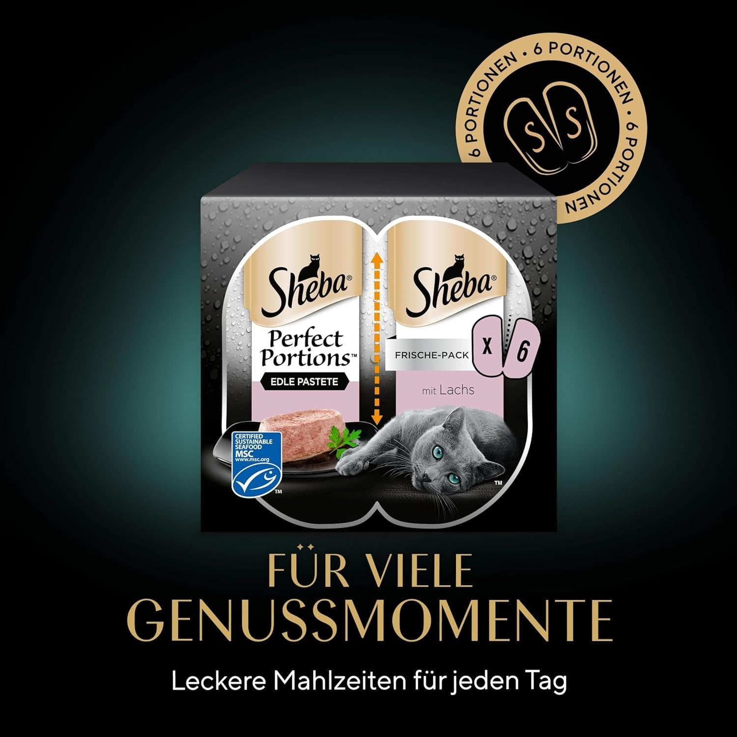 Pâté SHEBA Perfect PORTIONS pour chats au saumon, certifié MSC, 8 x 3 x (2 x 37,5g) = 225g (L'emballage sera mis à jour)