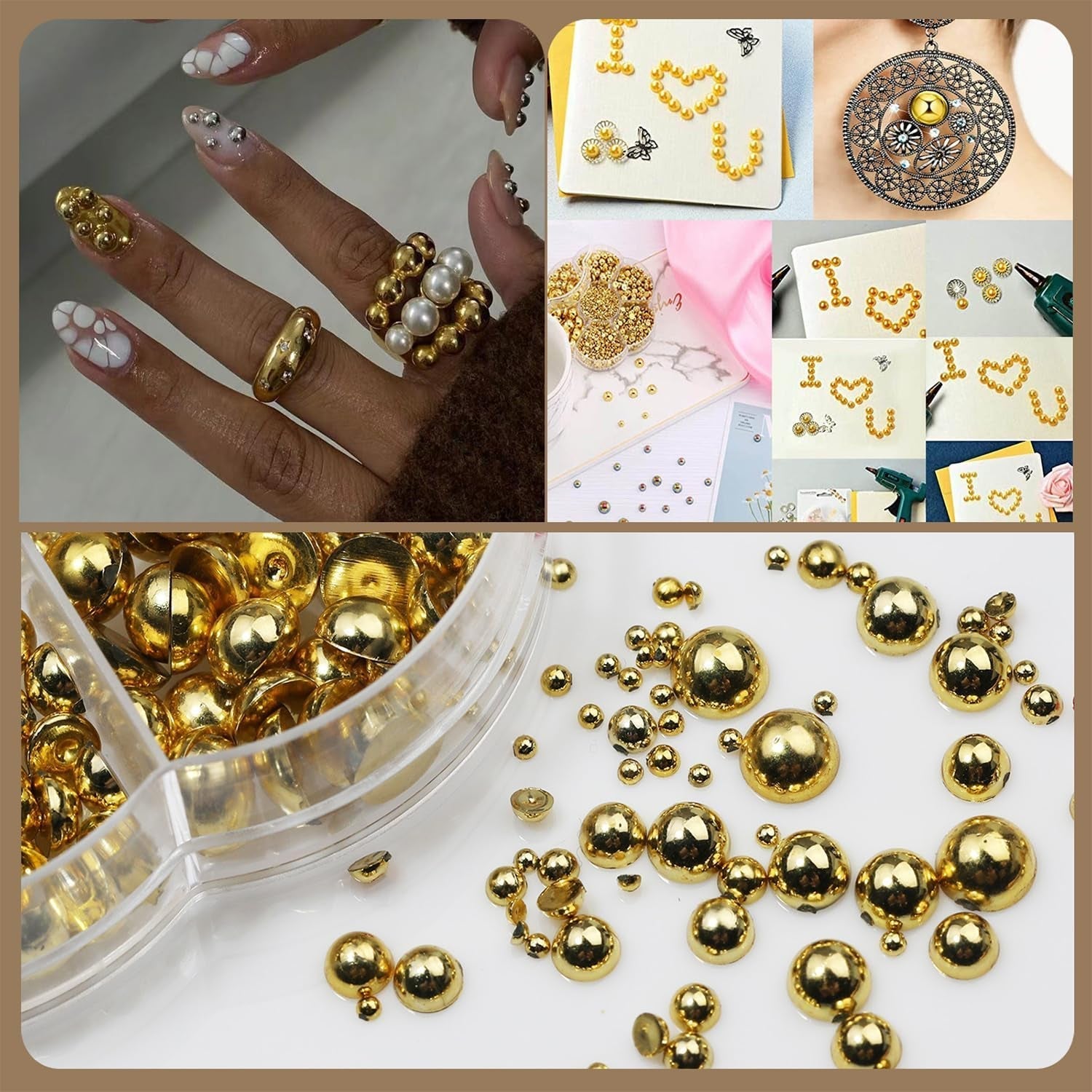 GZMAYUEN 920 pièces perles à dos plat or argent pour ongles, perles à ongles demi-brun blanc beige, petites perles à dos plat demi-brun pour décoration d'art d'ongle bricolage